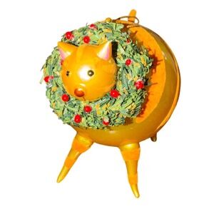 Orange Tabby Cat acrylic Christmas Ornament Gold Flocked Excellent Condition